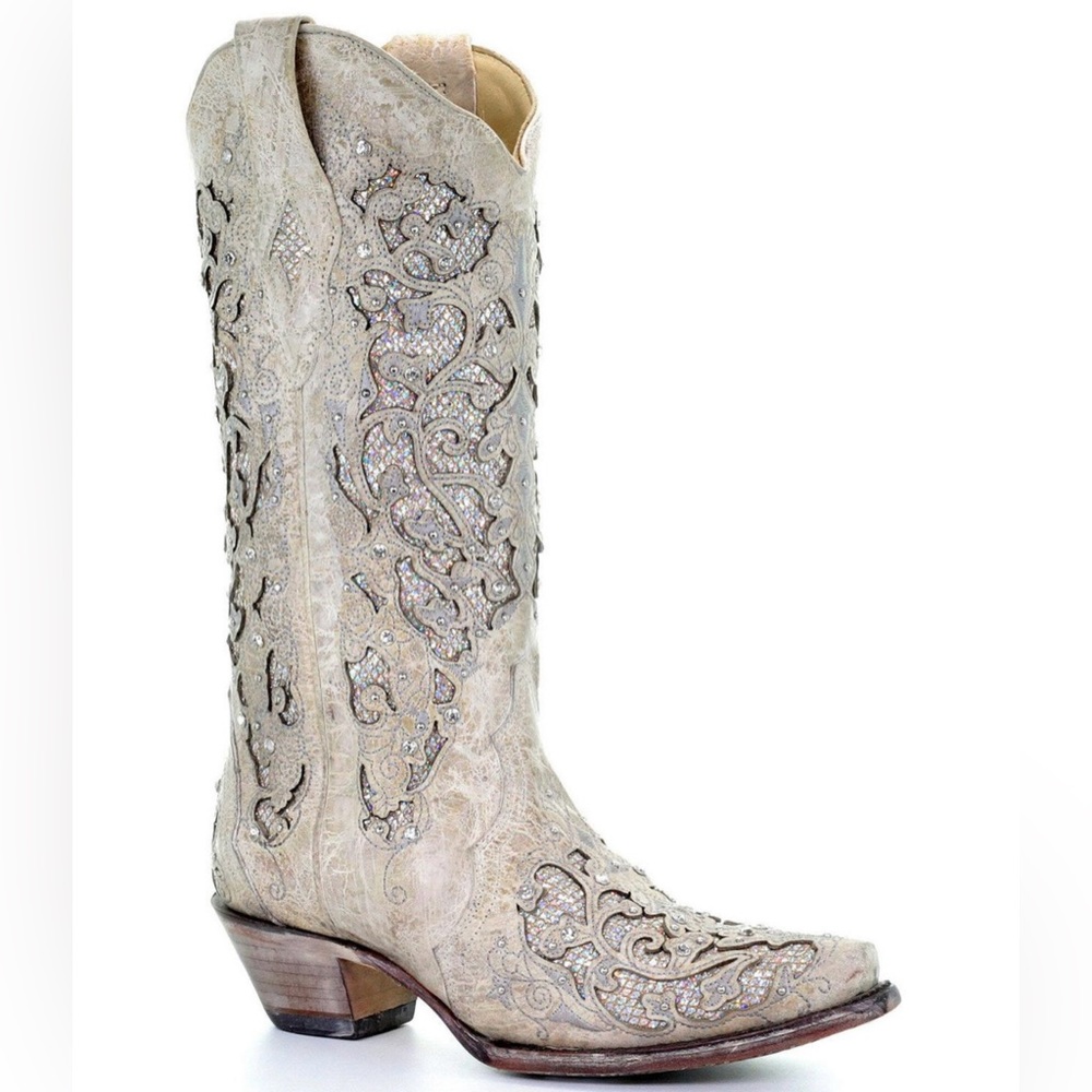 CORRAL GLITTER INLAY AND CRYSTALS WEDDING COWBOY BOOTS - SNIP TOE